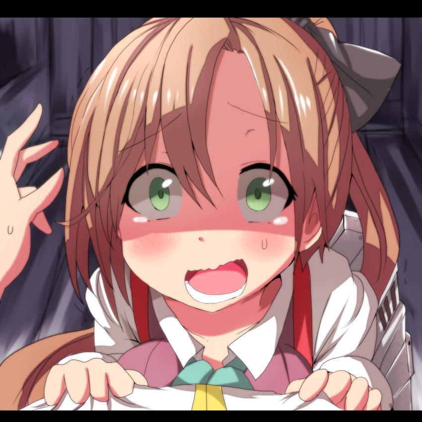 1girl, akigumo_(kantai_collection), brown_hair, green_eyes, hair_ribbon, highres, kantai_collection, kuromu_(underporno)