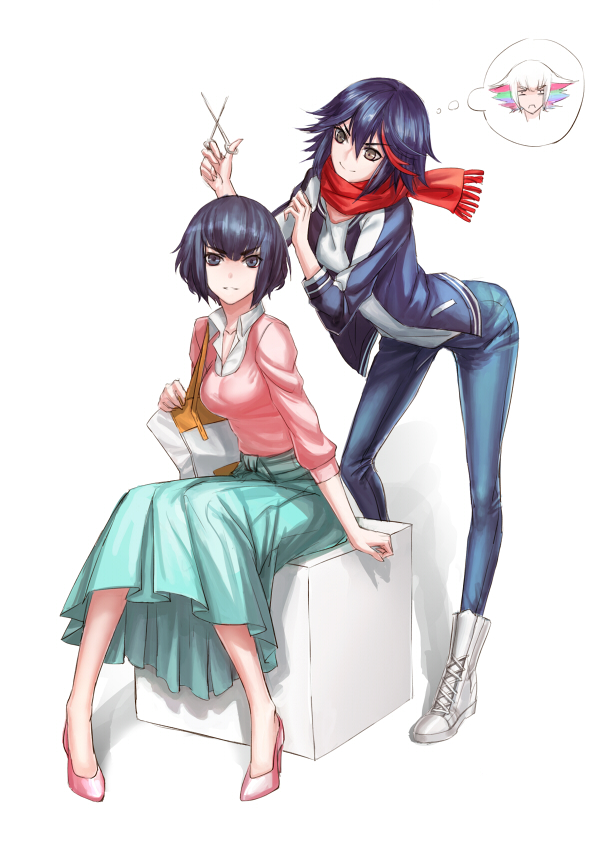 2girls, alternate_hair_length, alternate_hairstyle, bag, black_hair, casual, denim, high_heels