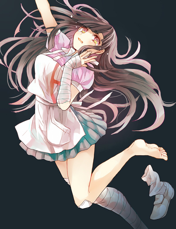 1girl, apron, bandages, barefoot, black_hair, blush, crying, dangan_ronpa, dennbadennba0105, long_hair, mole, multicolored_eyes, nurse, skirt, solo, super_dangan_ronpa_2, tears, tsumiki_mikan, violet_eyes, yellow_eyes