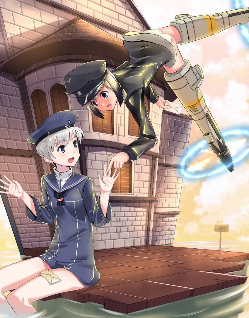 2girls, absurdres, blonde_hair, blue_eyes, building, crossover, envelope, erica_hartmann, flying, hat, highres, kantai_collection, looking_at_another, multiple_girls, open_mouth, pointing, sailor_dress, sailor_hat, short_hair, silver_hair, sitting, skyofgs, strike_witches, striker_unit, surprised, uniform, water, z1_leberecht_maass_(kantai_collection)