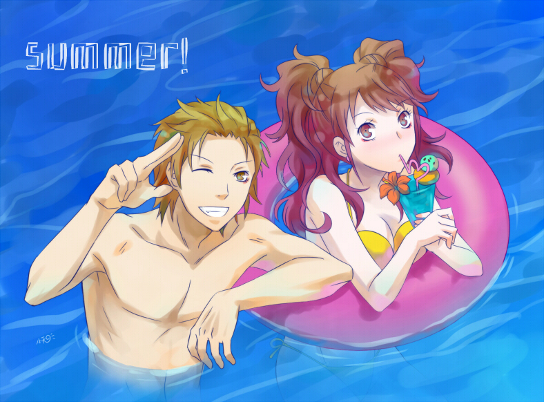 1boy, 1girl, atlus, bare_shoulders, bikini, bikini_top, blue_background, brown_eyes, brown_hair, cute, drink, drinking, grin, hair_slicked_back, hanamura_yousuke, innertube, kujikawa_rise, long_hair, love, megami_tensei, michaelovten, partially_submerged, persona, persona_4, persona_4_the_golden, smile, swimming, swimsuit, twintails, water, wink, yellow_bikini