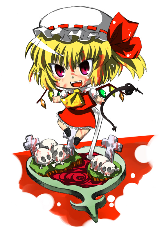 blood, chibi, flandre_scarlet, hat, marusuke, ponytail, red_eyes, short_hair, side_ponytail, touhou, wings