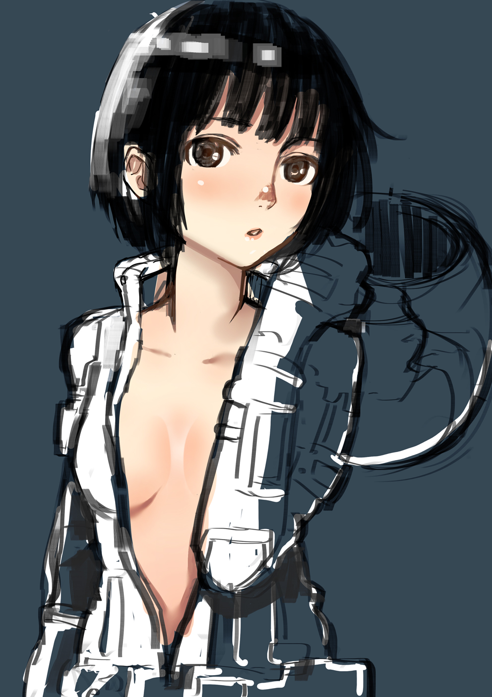 black_hair, brown_eyes, helmet, highres, hoshijiro_shizuka, inuhasiru, open_suit, pilot_suit, sidonia_no_kishi