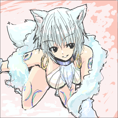 black_eyes, collar, earring, grey_hair, hack, halter_neck, ookamimi, ouka, short_hair, silver_hair, tattoo, wolfgirl