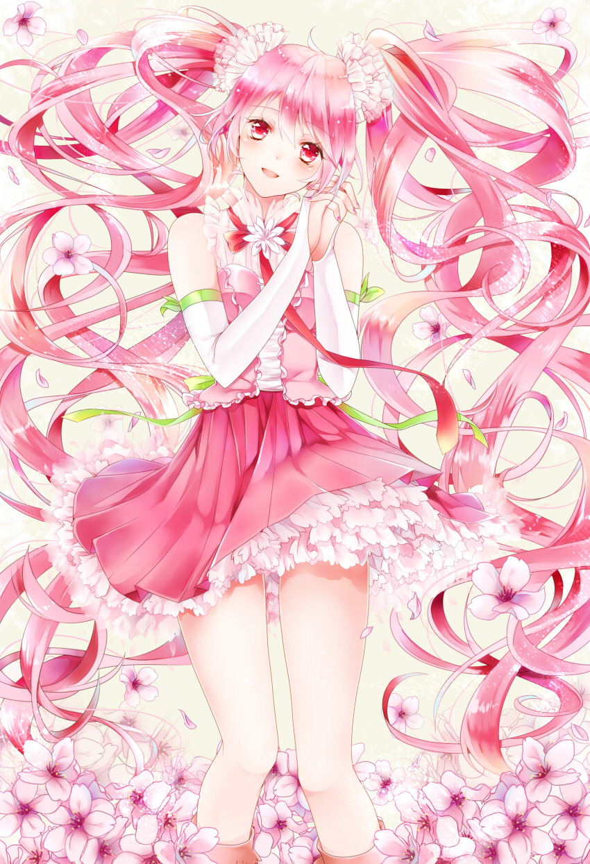 1girl, bridal_gauntlets, flower, hands_clasped, hatsune_miku, highres, kyashii_(a3yu9mi), long_hair