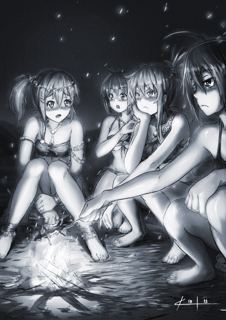 4girls, anklet, armlet, barefoot, bikini_top, blush, bracelet, campfire