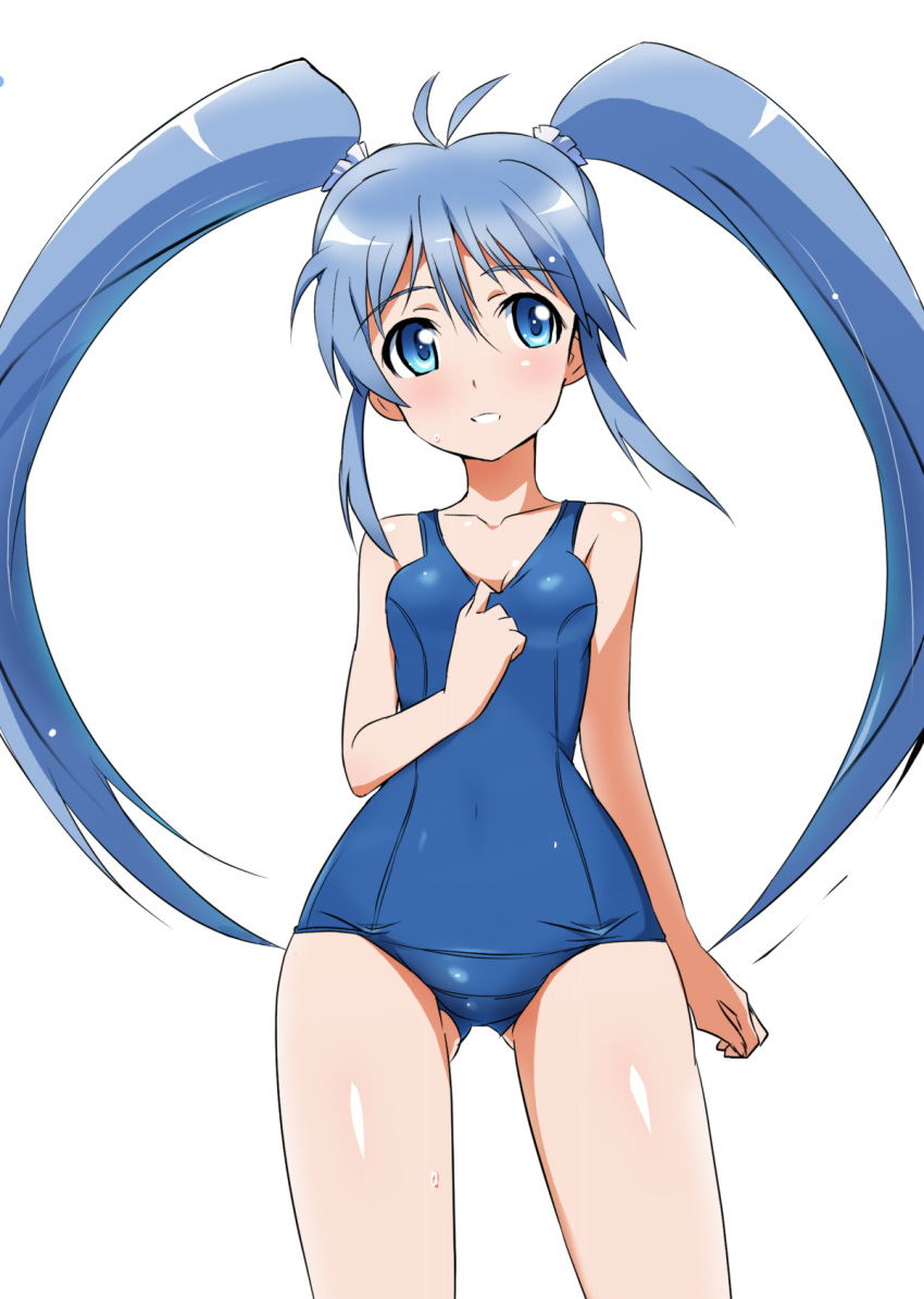 1girl, blue_eyes, blue_hair, blue_swimsuit, blush, highres, imaichi_moenai_ko, kobe_shinbun