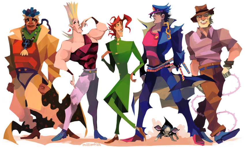 5boys, dog, iggy_(jojo), jean_pierre_polnareff, jojo_no_kimyou_na_bouken, joseph_joestar, kakyouin_noriaki, kuujou_joutarou, millionfish, mohammed_avdol, multiple_boys