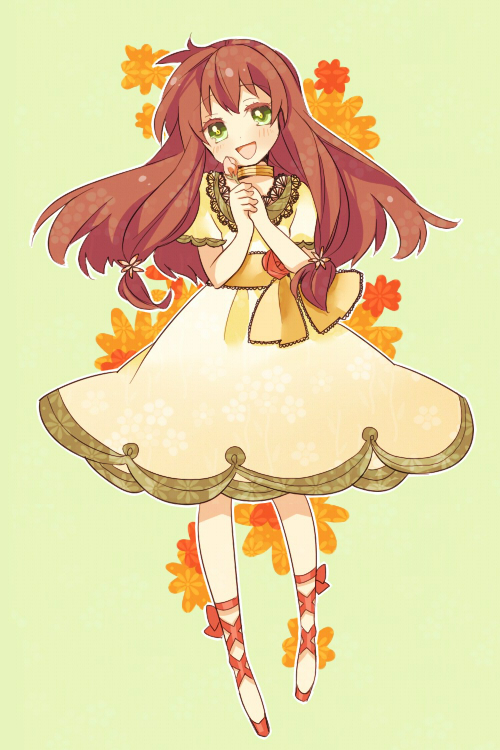 1girl, beniko, blush, dress, flower, green_eyes, long_hair, redhead