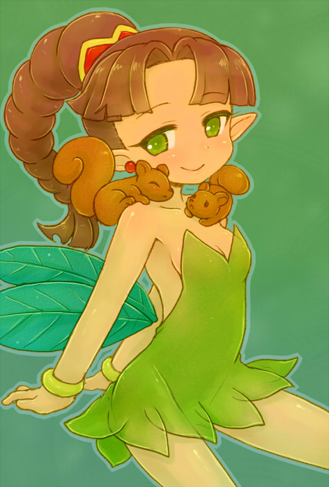 1girl, braid, brown_hair, dress, green_background, green_eyes, green_skirt, kuchirin