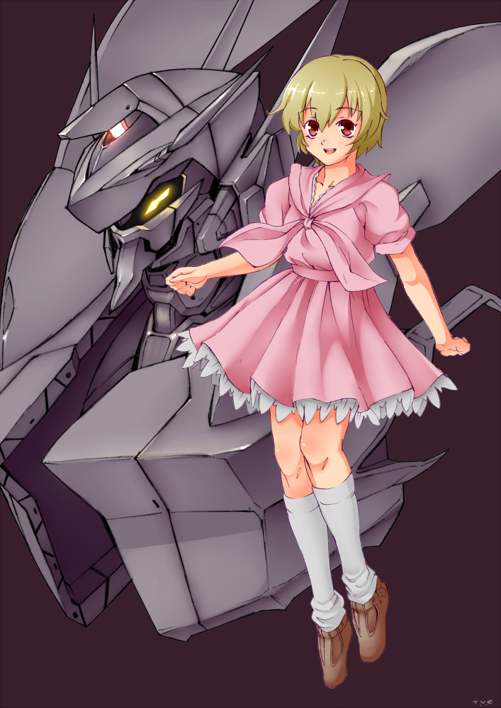1girl, blonde_hair, bow, himukai_asuza, mecha, metal_slader_glory, pink_skirt, purple_background, red_eyes, shoes, short_hair, skirt, smile, socks, solo, vuccha