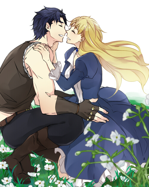 1boy, 1girl, blonde_hair, couple, dress, erina_pendleton, hetero, jojo_no_kimyou_na_bouken