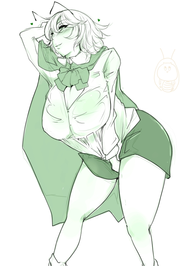 1girl, antennae, blush, breasts, cape, covering, covering_crotch, full-face_blush