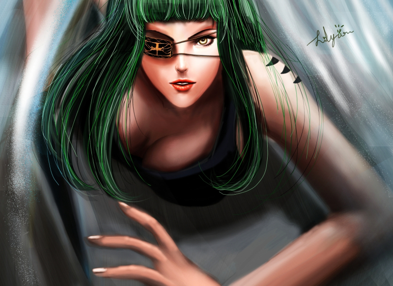 1girl, breasts, cleavage, down_blouse, jormungand, lilyzou, long_hair, signature