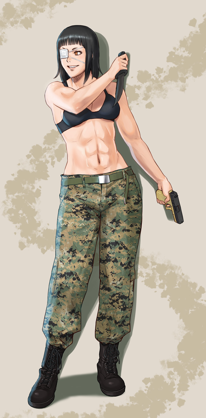 1girl, abs, azasuke, belt, black_bra, black_hair, bra, breasts