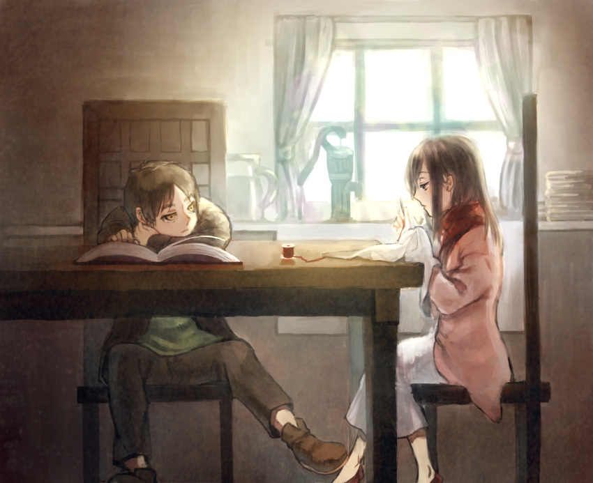 1boy, 1girl, book, couple, eren_jaeger, highres, mikasa_ackerman, nakome, needle, scarf, shingeki_no_kyojin, short_hair, thread