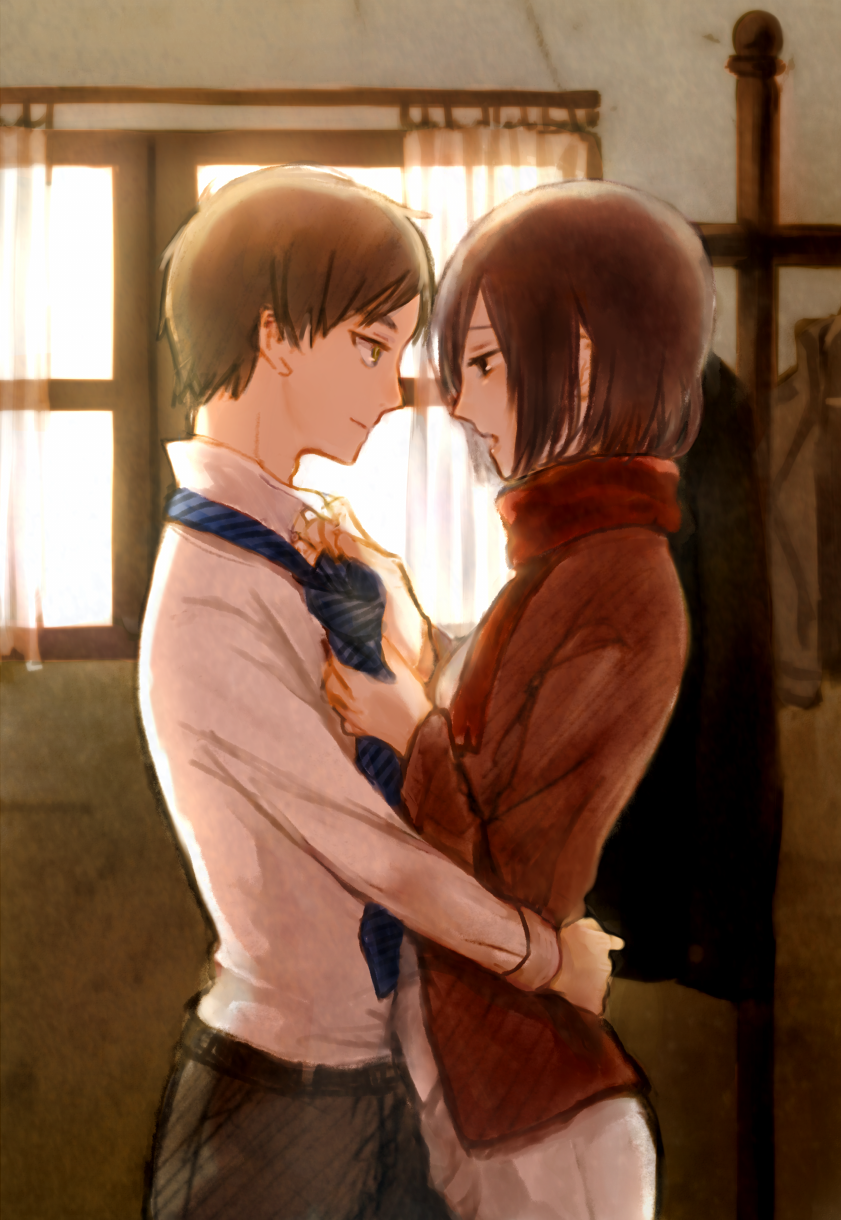 1boy, 1girl, couple, eren_jaeger, highres, mikasa_ackerman, nakome, scarf