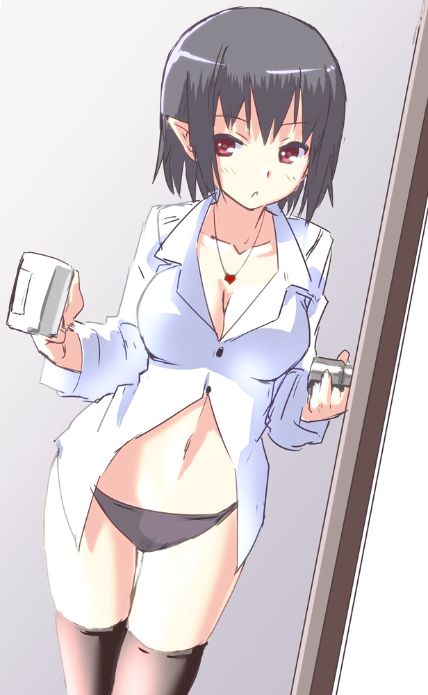 1girl, black_hair, black_legwear, blush, breasts, cl_(h-sys.), cleavage, cup