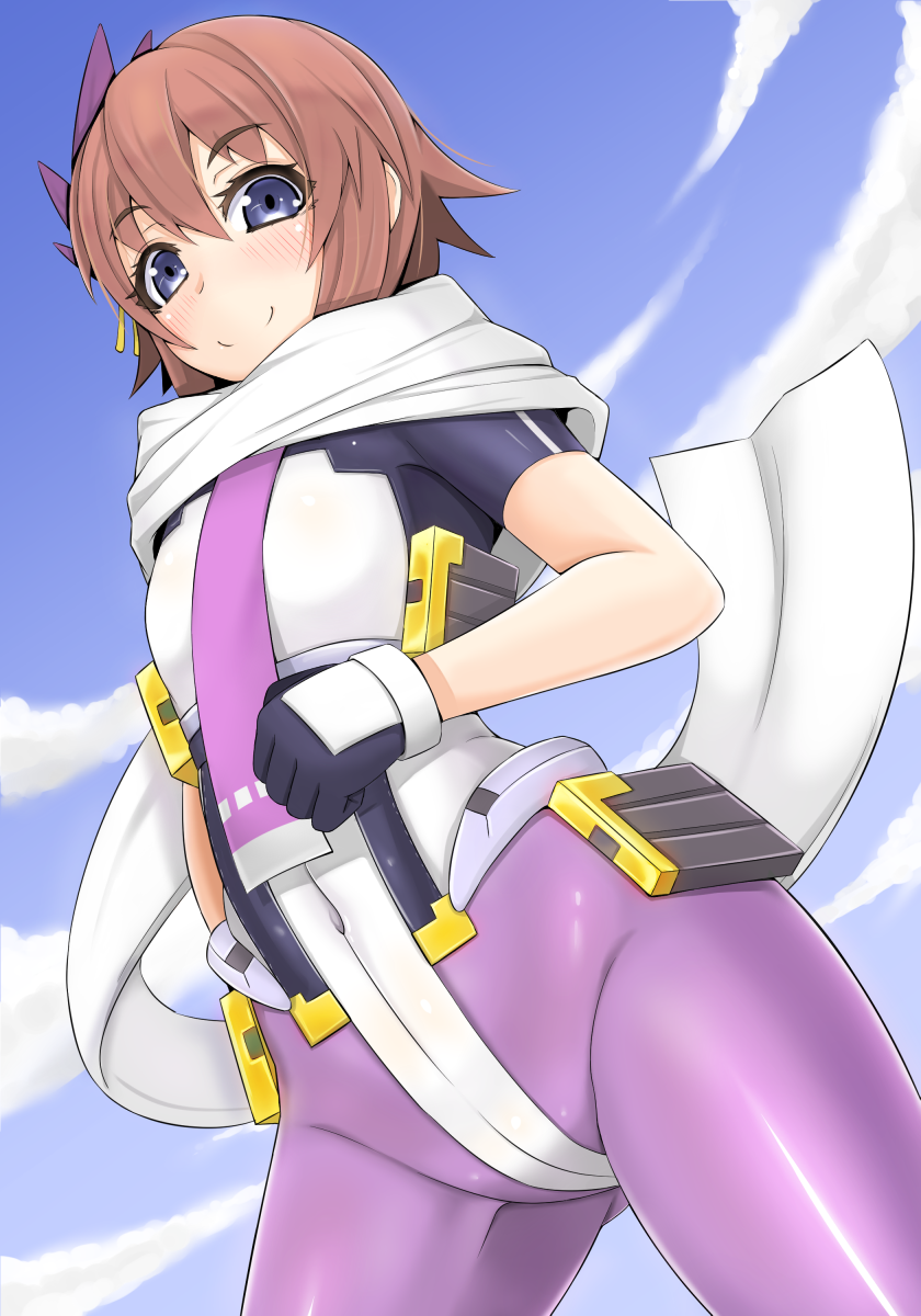 1girl, blue_eyes, bodysuit, brown_hair, highres, kani_saizou, kyoukai_senjou_no_horizon, may0508, pantyhose, scarf