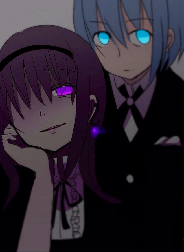 2girls, akemi_homura, artist_request, blue_eyes, blue_hair, breast_pocket, butler, chin_rest