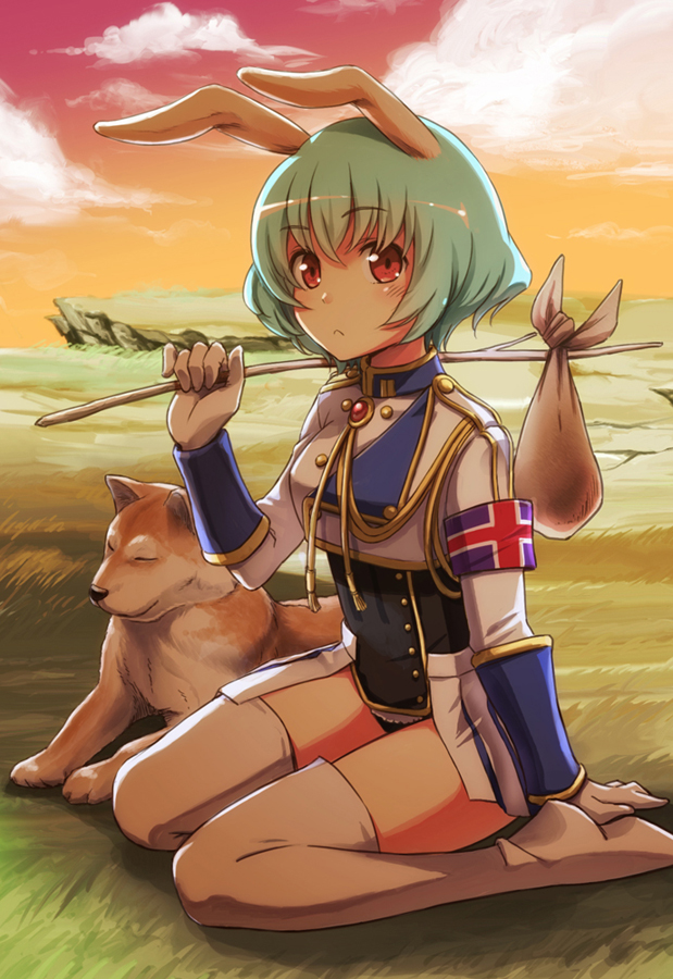 1girl, :<, animal_ears, armband, boots, chiester410, clouds, dog