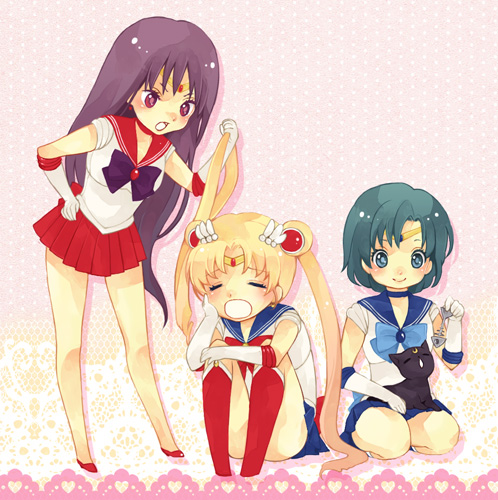 bishoujo_senshi_sailor_moon, black_cat, blonde_hair, blue_eyes, blue_hair, bones, boots, cat