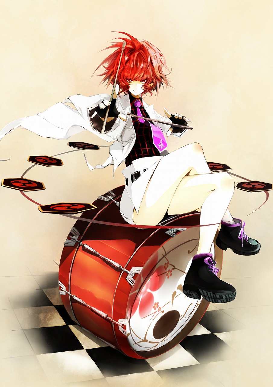 1girl, black_gloves, crossed_legs, drum, drum_set, drumsticks, fingerless_gloves, gloves
