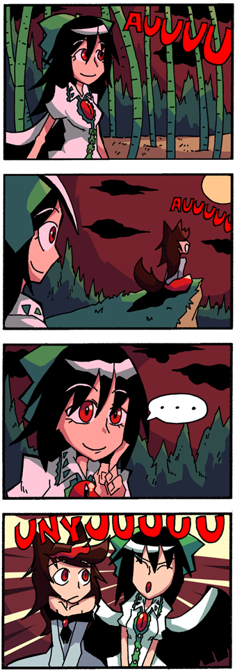 4koma, bamboo, bamboo_forest, bow, comic, forest, howling, howling_at_the_moon