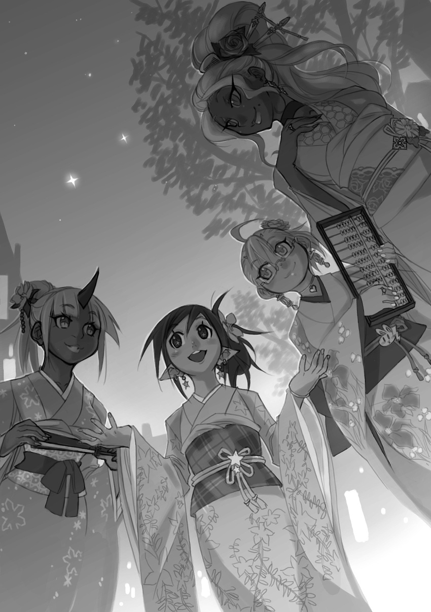 4girls, abacus, ahoge, alternate_hairstyle, ari_laharis, basilisk, choker, commentary