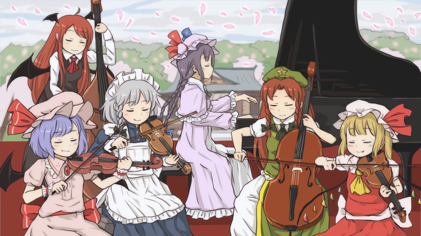 6+girls, alternate_eye_color, alternate_hairstyle, ascot, bat_wings, blonde_hair, blue_dress, braid