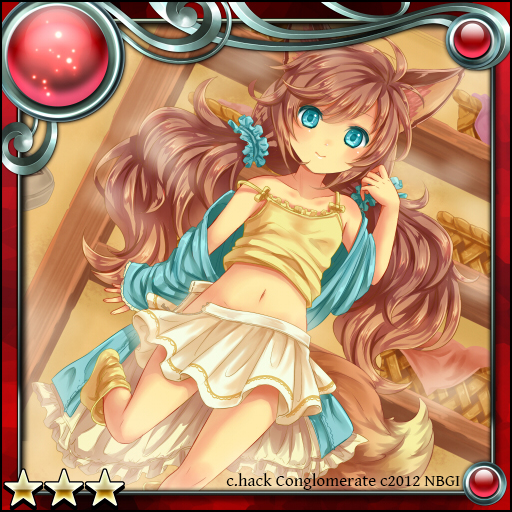 .hack//, 1girl, 2012, animal_ears, blue_eyes, brown_hair, character_request, dressing, fox_ears, fox_tail, guilty_dragon, long_hair, navel, shoes, skirt, smile, solo, standing_on_one_leg, star, tail, tamashiro, twintails, white_skirt