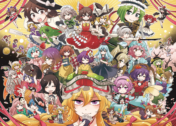 >_<, 6+girls, animal_ears, asymmetrical_wings, bat_wings, bird_wings, black_wings, blonde_hair