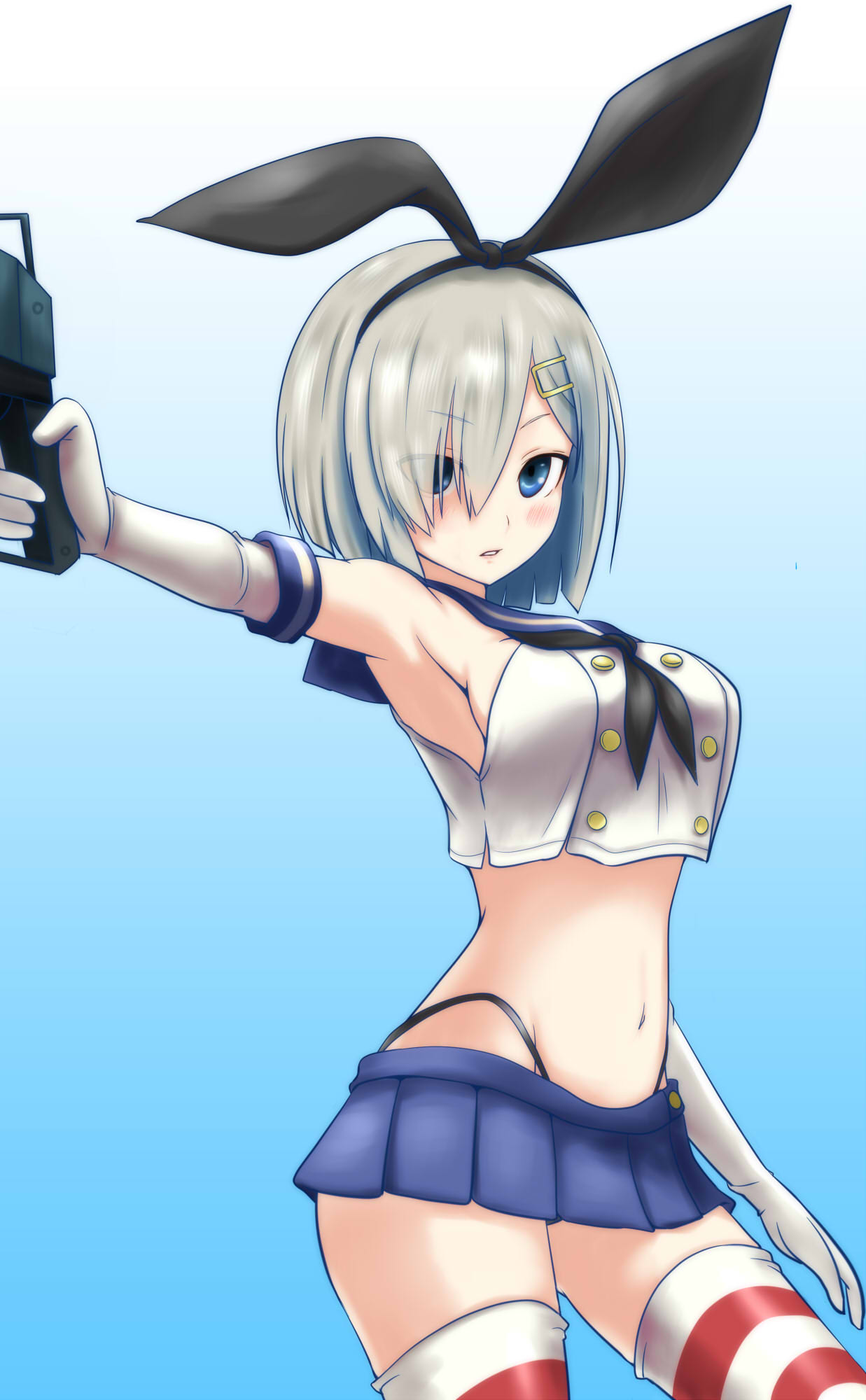 1girl, armpits, blue_background, blue_eyes, blush, breasts, elbow_gloves, gloves