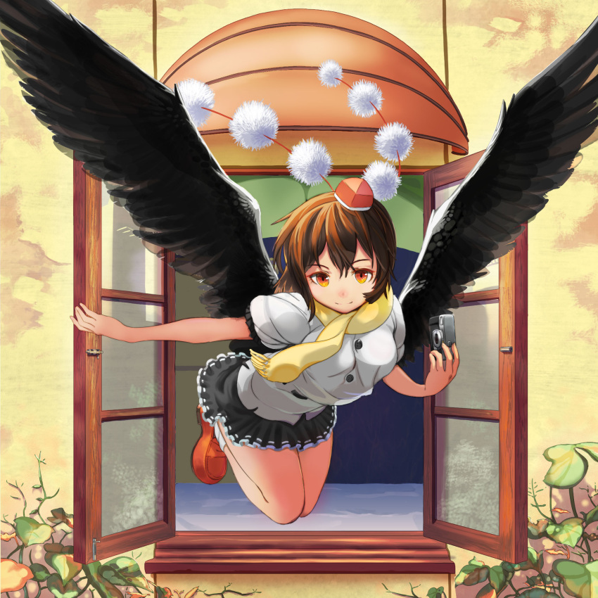 1girl, bird_wings, blouse, brown_hair, camera, emuki_(armies_soul), flying, folded_leg