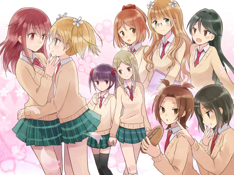 6+girls, antenna_hair, barufoa, black_legwear, blonde_hair, bow, brown_eyes, brown_hair, everyone, eye_contact, flower, glasses, green_eyes, green_hair, hair_bow, hair_flower, hair_ornament, hand_on_another's_chin, hand_on_another's_shoulder, holding_hands, iizuka_yuzu, ikeno_kaede, interlocked_fingers, long_hair, looking_at_another, minami_shizuku, multiple_girls, necktie, noda_kotone, open_mouth, otokawa_sumi, petals, purple_hair, red_eyes, redhead, sakai_rina, sakura_trick, sandwich, school_uniform, scrunchie, short_hair, skirt, smile, sonoda_mitsuki, sonoda_yuu, takayama_haruka, thigh-highs, twintails, violet_eyes, yuri