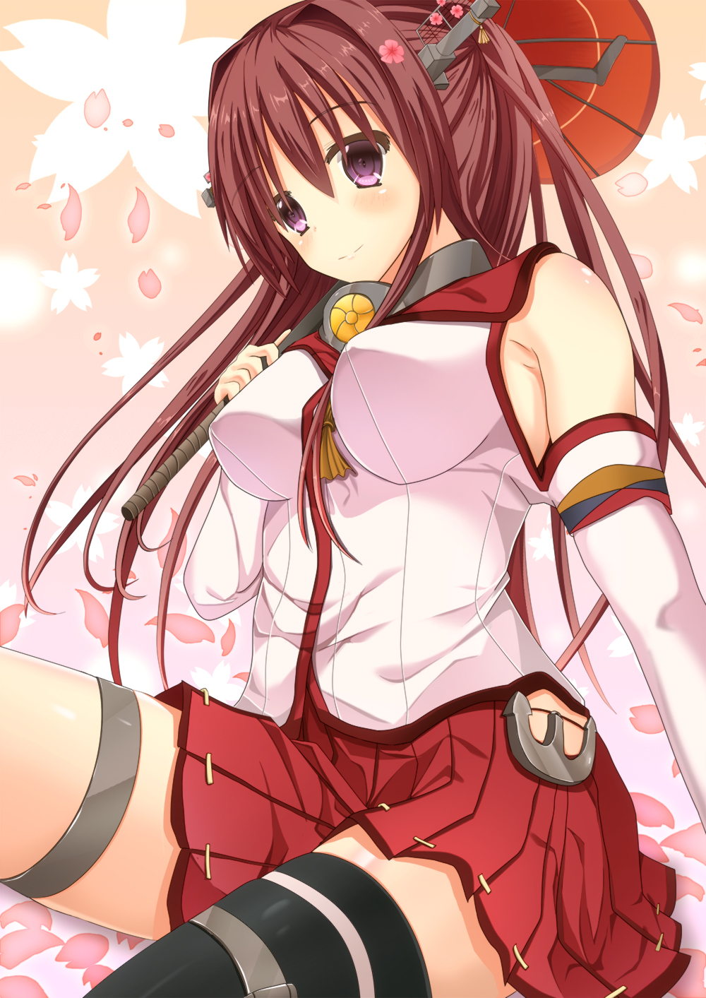 1girl, breasts, brown_eyes, brown_hair, cherry_blossoms, detached_sleeves, flower, hair_ornament