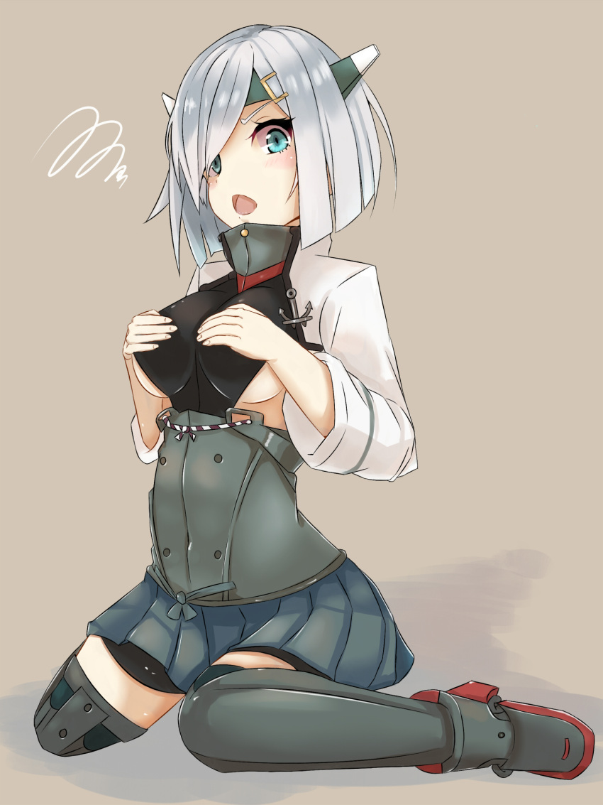 1girl, bike_shorts, blue_eyes, breasts, cosplay, hair_ornament, hairclip, hamakaze_(kantai_collection)