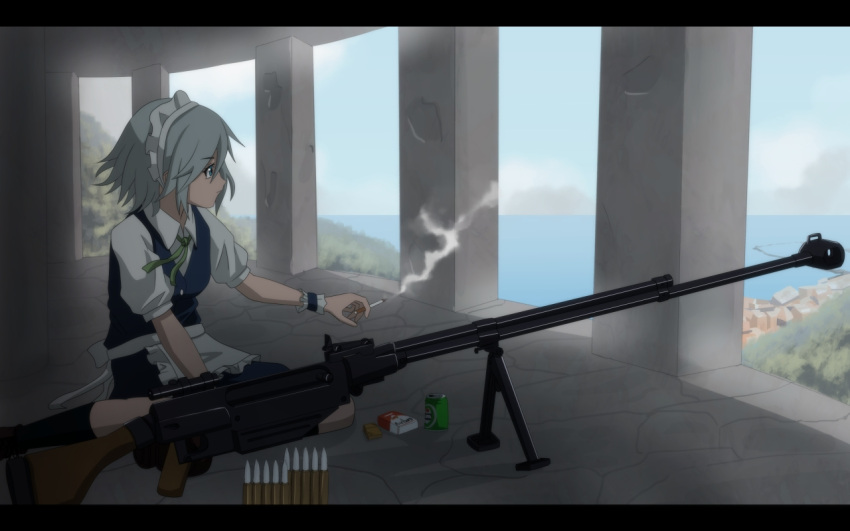 1girl, anti-materiel_rifle, beer_can, black_legwear, blue_eyes, boots, braid, bullet