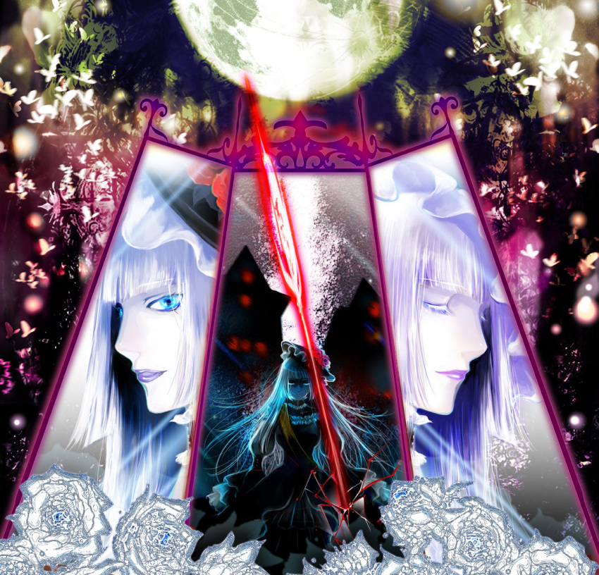 arrow, butterfly, choker, closed_eyes, dress, flower, hat, hime_cut, long_hair, mamiya_t, polearm, sash, shinguu, silver_hair, smothered_mate, spear, tears, umineko_no_naku_koro_ni, virgilia, weapon