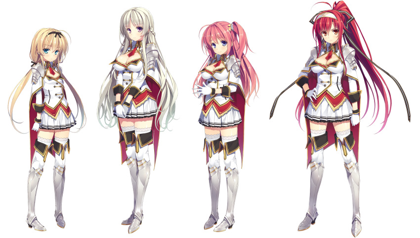 4girls, absurdres, armor, armored_dress, blonde_hair, blue_eyes, boots, breasts