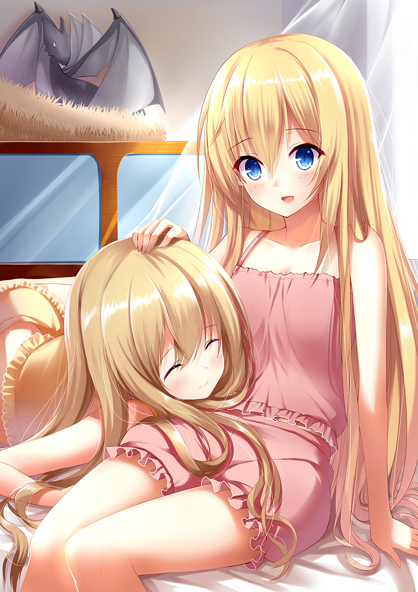 2girls, :d, aixioo, blonde_hair, bloomers, blue_eyes, blush, brown_hair