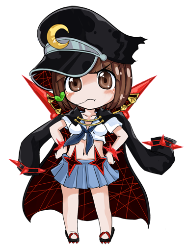 1girl, :t, banchou, blush, brown_eyes, brown_hair, chibi, coat_on_shoulders, d-tomoyo_(thekingkas), geta, hands_on_hips, kill_la_kill, lowres, mankanshoku_mako, midriff, mouth_hold, school_uniform, serafuku, short_hair, solo, spikes, straw