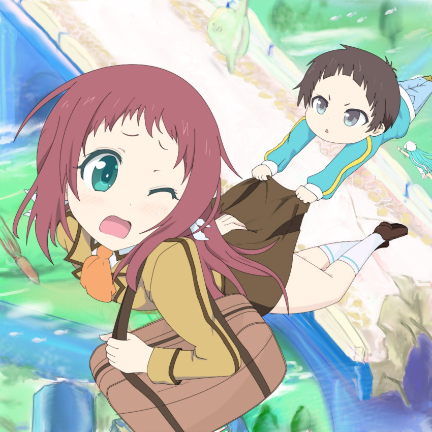 1boy, 1girl, bag, black_hair, blue_eyes, brown_hair, child, crossover, fish, flying, highres, ikamusume, long_hair, maimai251, mukaido_manaka, nagi_no_asukara, school_uniform, shinryaku!_ikamusume, shiodome_akira, short_hair, skirt, skirt_pull, wink