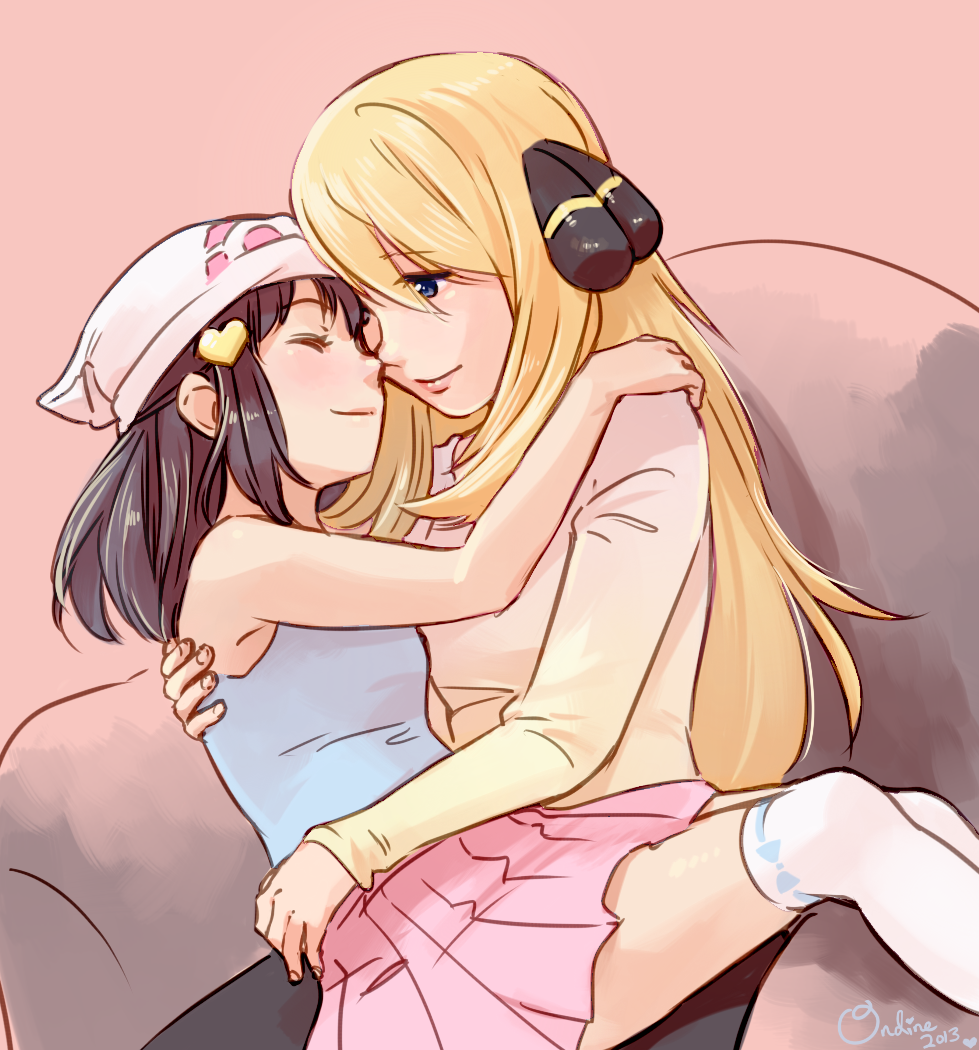 2girls, arm_around_neck, arm_around_waist, beanie, blonde_hair, blue_eyes, blue_hair, hair_ornament, hairclip, hat, hikari_(pokemon), long_hair, magical_ondine, multiple_girls, pokemon, pokemon_(game), pokemon_dppt, shirona_(pokemon), sitting, sitting_on_lap, sitting_on_person, skirt, smile, thigh-highs, white_legwear, yuri