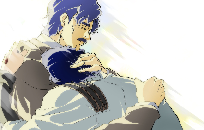 2boys, blue_hair, facial_hair, father_and_son, george_joestar, hug, jojo_no_kimyou_na_bouken, jonathan_joestar