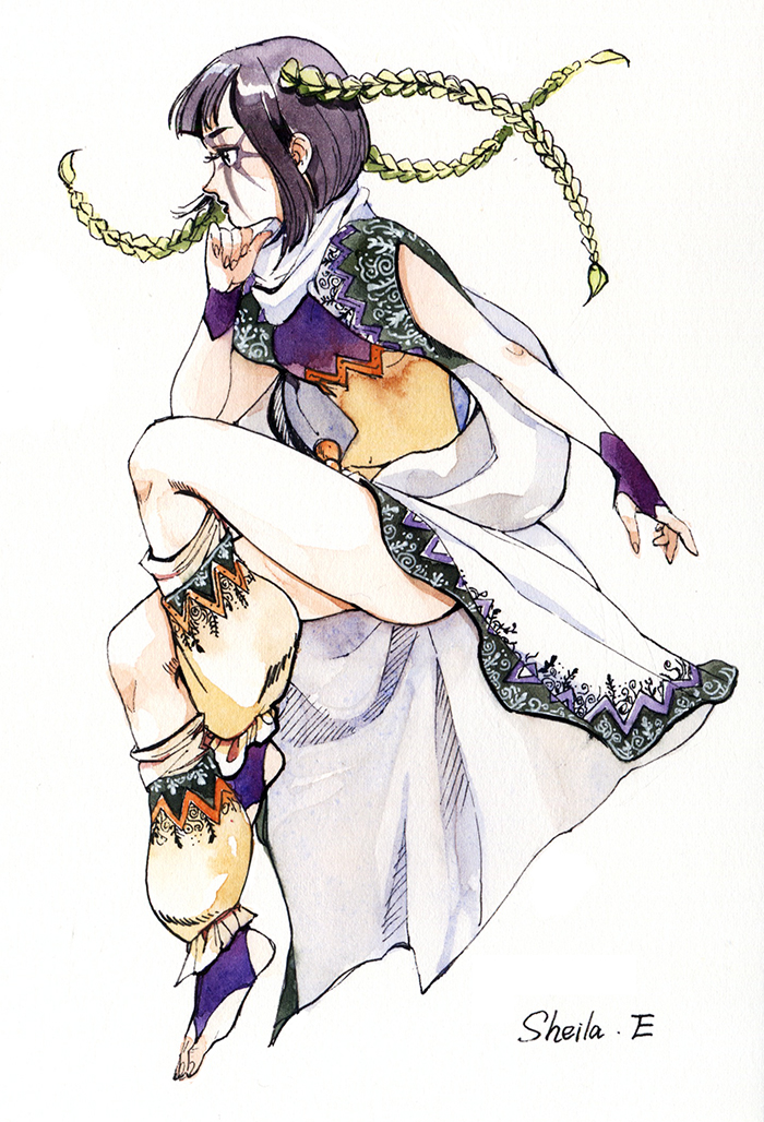 1girl, black_hair, braid, bridal_gauntlets, facial_mark, jojo_no_kimyou_na_bouken, leg_warmers, midriff