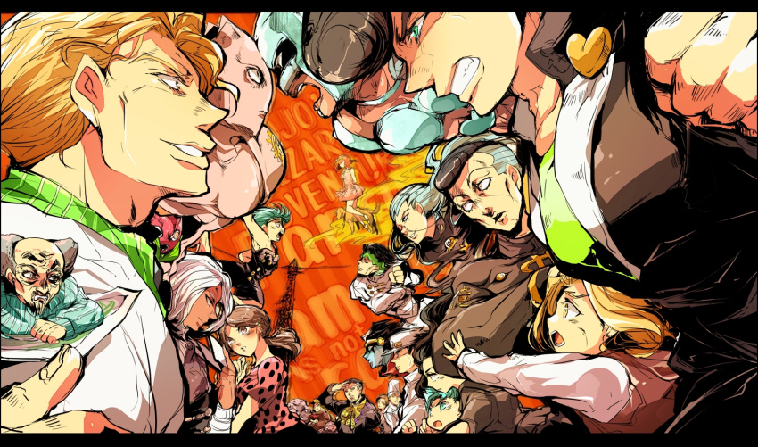 colored, crazy_diamond, everyone, fungami_yuuya, hazamada_toshikazu, hazekura_mikitaka, higashikata_jousuke, highres, hirose_kouichi, jojo_no_kimyou_na_bouken, joseph_joestar, kawajiri_hayato, kawajiri_shinobu, killer_queen, kira_yoshihiro, kira_yoshikage, kishibe_rohan, kuujou_joutarou, miyamoto_terunosuke, monochrome, nekogusa_(jojo), nijimura's_father, nijimura_keichou, nijimura_okuyasu, ooyanagi_ken, sadahara_inako, shizuka_joestar, stand_(jojo), sugimoto_reimi, tonio_trussardi, tsuji_aya, yamagishi_yukako, yangu_shigekiyo