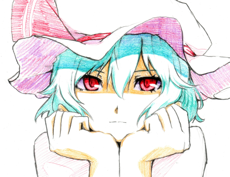 1girl, blue_hair, chin_rest, clenched_hands, close-up, colored_pencil_(medium), expressionless, face