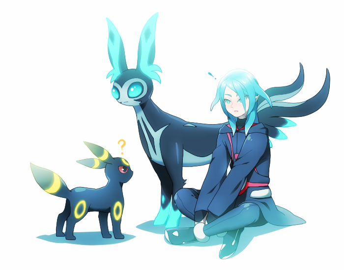 !, 1boy, ?, bloom, blue_eyes, blue_hair, inazuma_eleven_(series), inazuma_eleven_go, inazuma_eleven_go_galaxy, ishigashi_gooramu, male, mio_(jian_wei), pokemon, redio, sitting, soul_(inazuma_eleven), umbreon, white_background