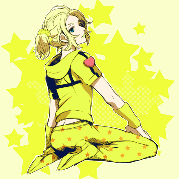 1boy, hair_up, hoodie, iseyun, johnny_joestar, jojo_no_kimyou_na_bouken, kneeling, lipstick